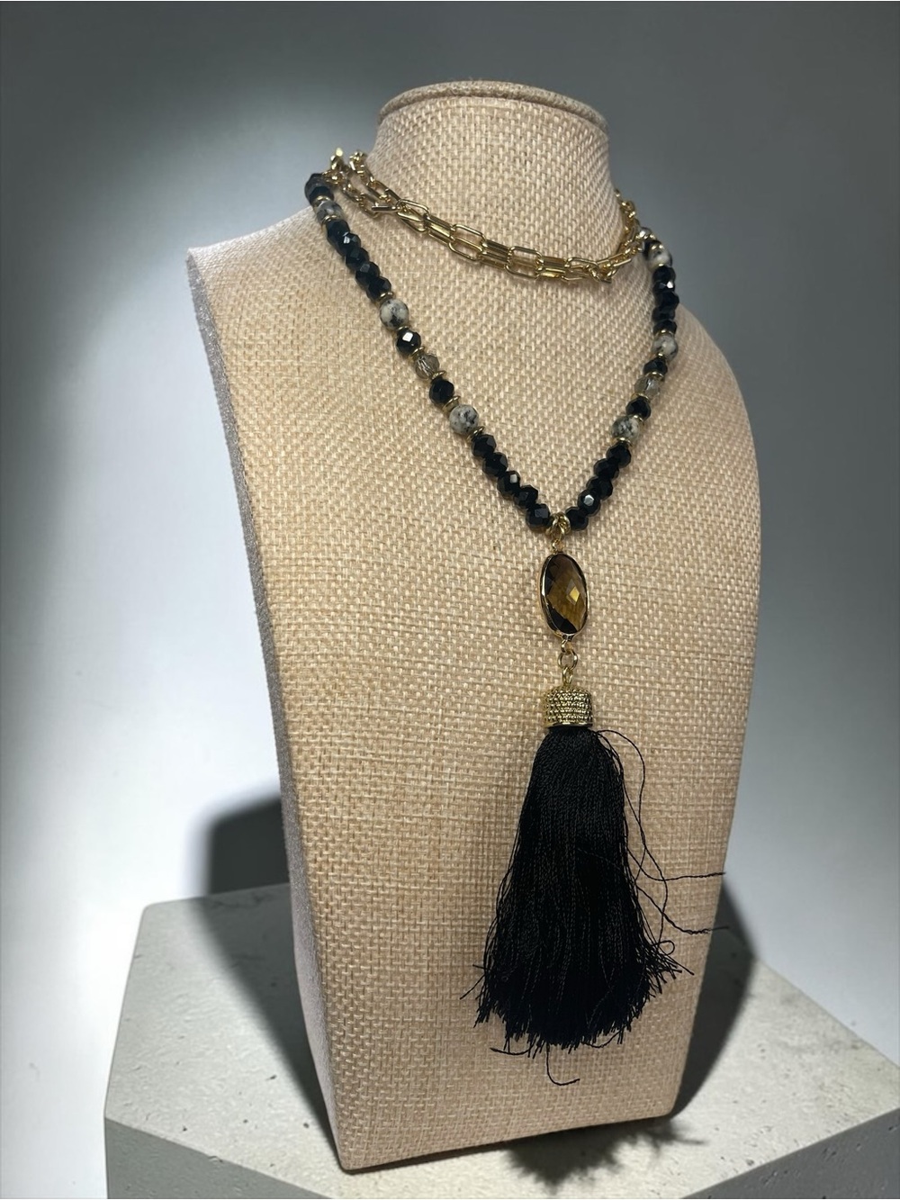 Black Crystal Jasper Smoky Quartz Silk Tassel Long Statement Necklace
